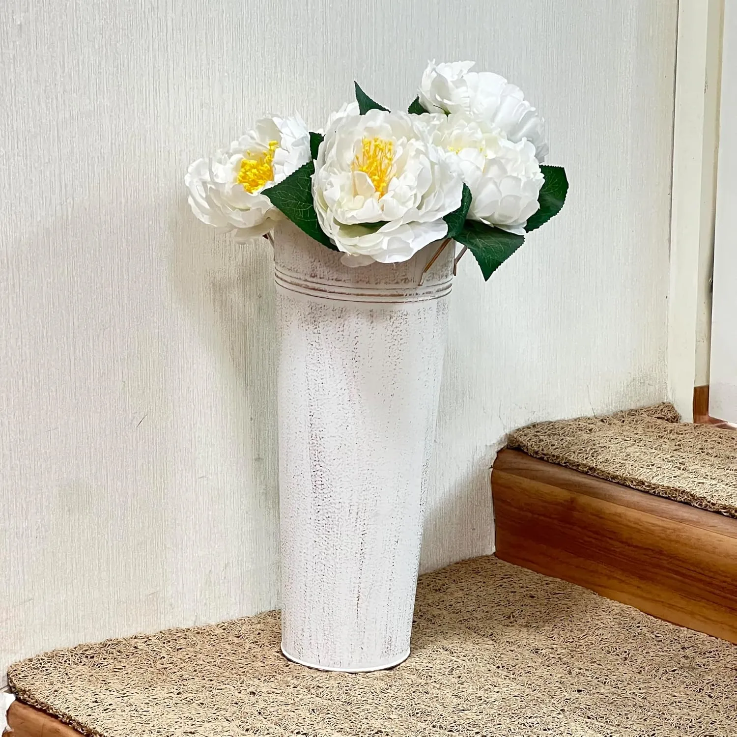 Hosley Set of 2 White Metal French Bucket with Handles & PVC Liner, 6" Dia x 15" H for Weddings, Parties, Country Picnics, Floral Arrangements, Tableware Storage, or Gardens - Rustic Farmhouse Dcor