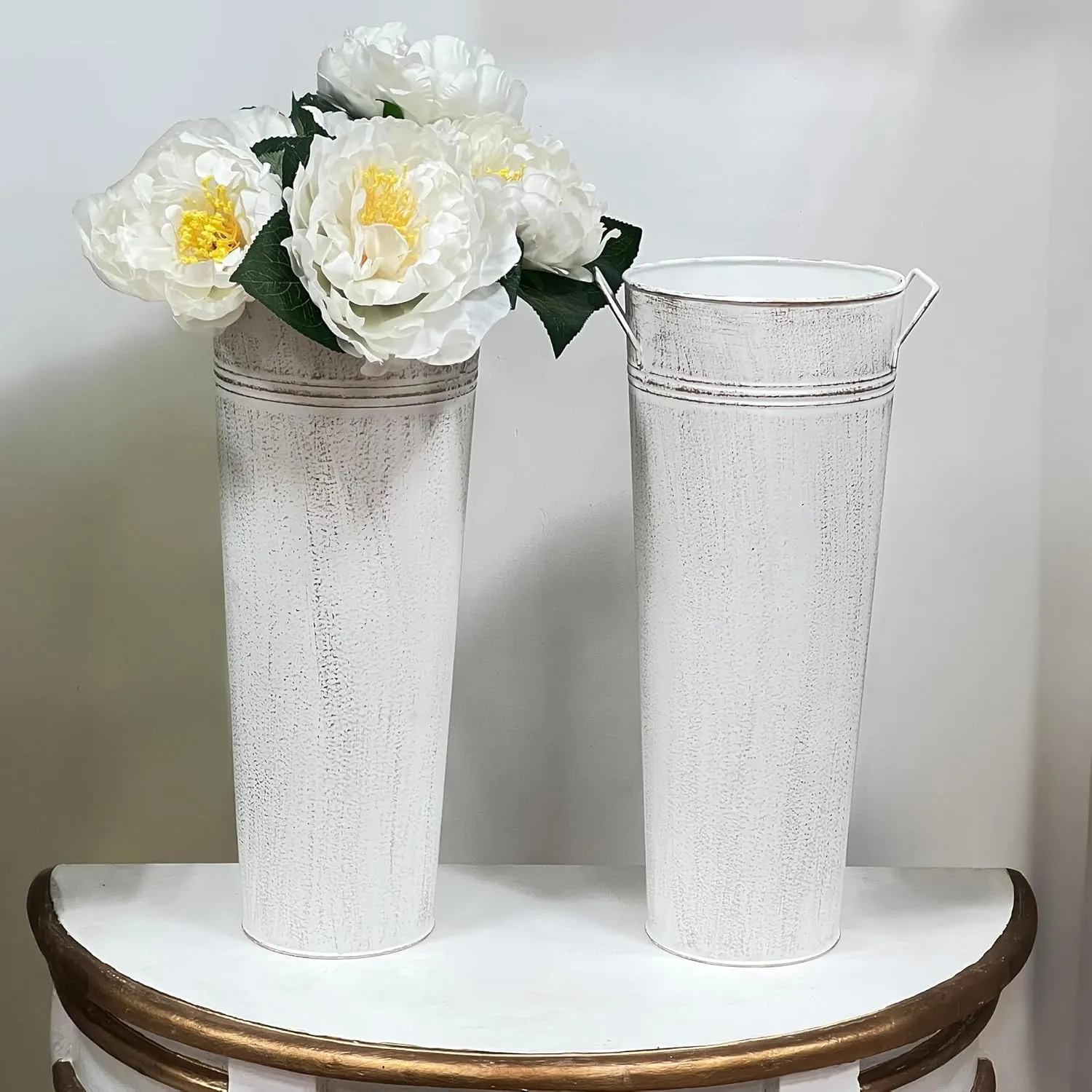 Hosley Set of 2 White Metal French Bucket with Handles & PVC Liner, 6" Dia x 15" H for Weddings, Parties, Country Picnics, Floral Arrangements, Tableware Storage, or Gardens - Rustic Farmhouse Dcor