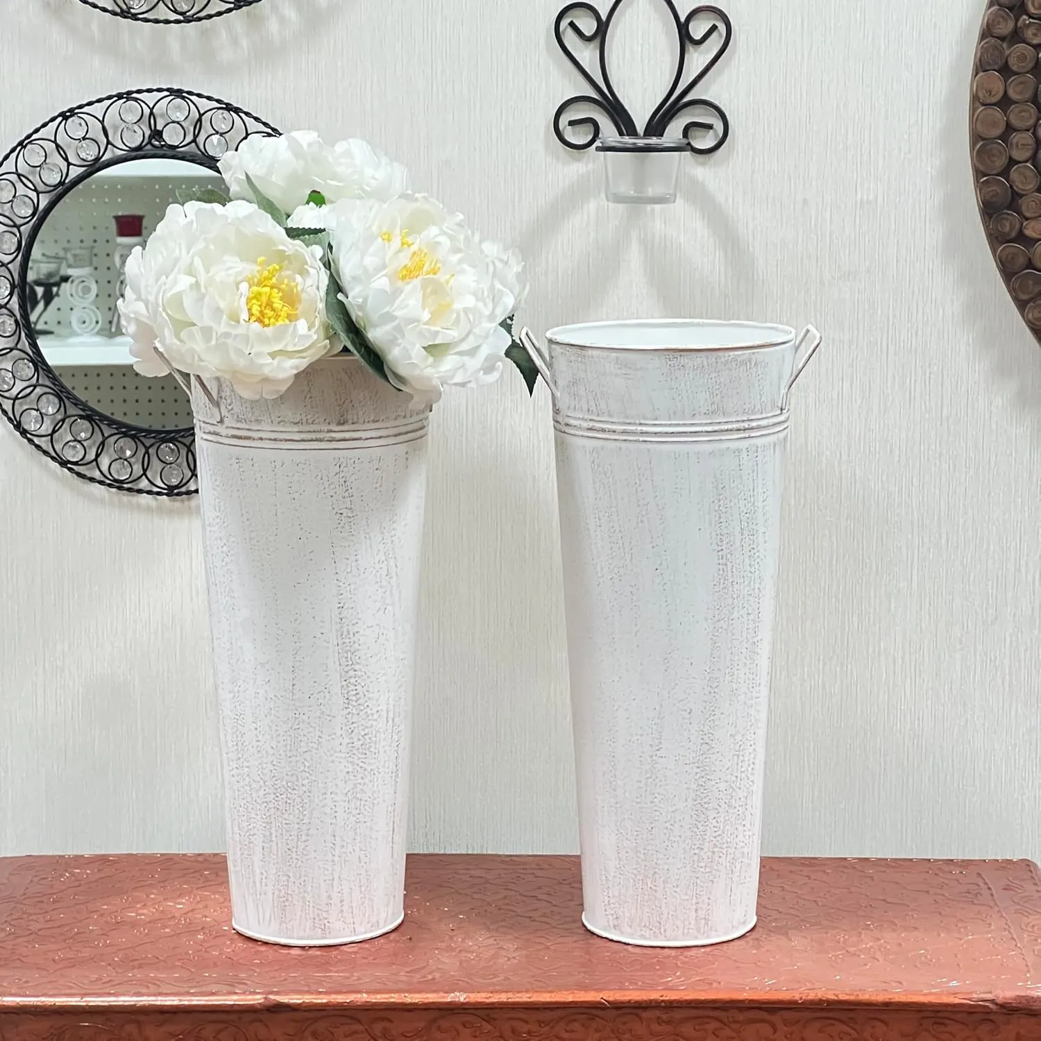 Hosley Set of 2 White Metal French Bucket with Handles & PVC Liner, 6" Dia x 15" H for Weddings, Parties, Country Picnics, Floral Arrangements, Tableware Storage, or Gardens - Rustic Farmhouse Dcor