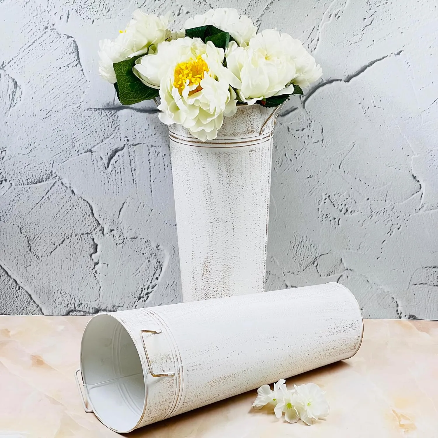 Hosley Set of 2 White Metal French Bucket with Handles & PVC Liner, 6" Dia x 15" H for Weddings, Parties, Country Picnics, Floral Arrangements, Tableware Storage, or Gardens - Rustic Farmhouse Dcor