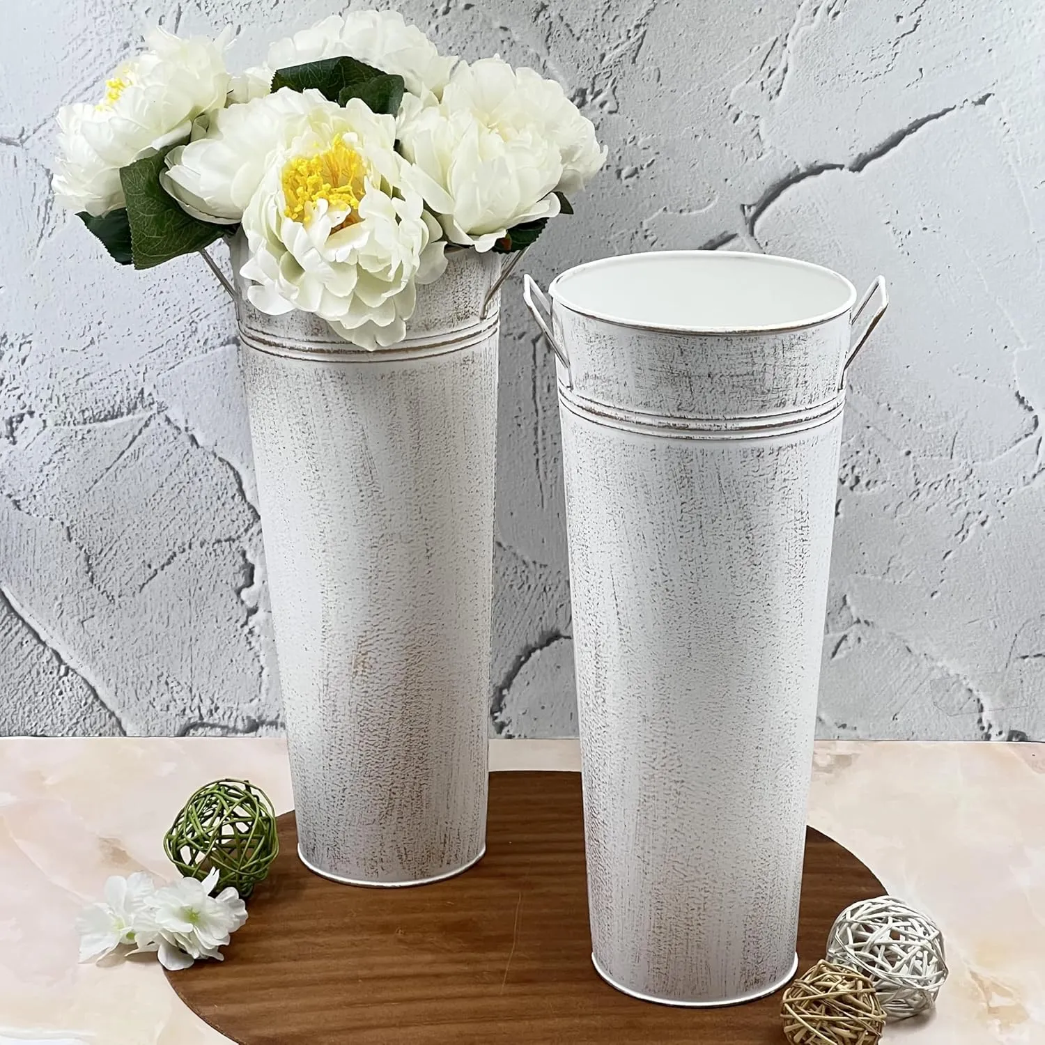 Hosley Set of 2 White Metal French Bucket with Handles & PVC Liner, 6" Dia x 15" H for Weddings, Parties, Country Picnics, Floral Arrangements, Tableware Storage, or Gardens - Rustic Farmhouse Dcor