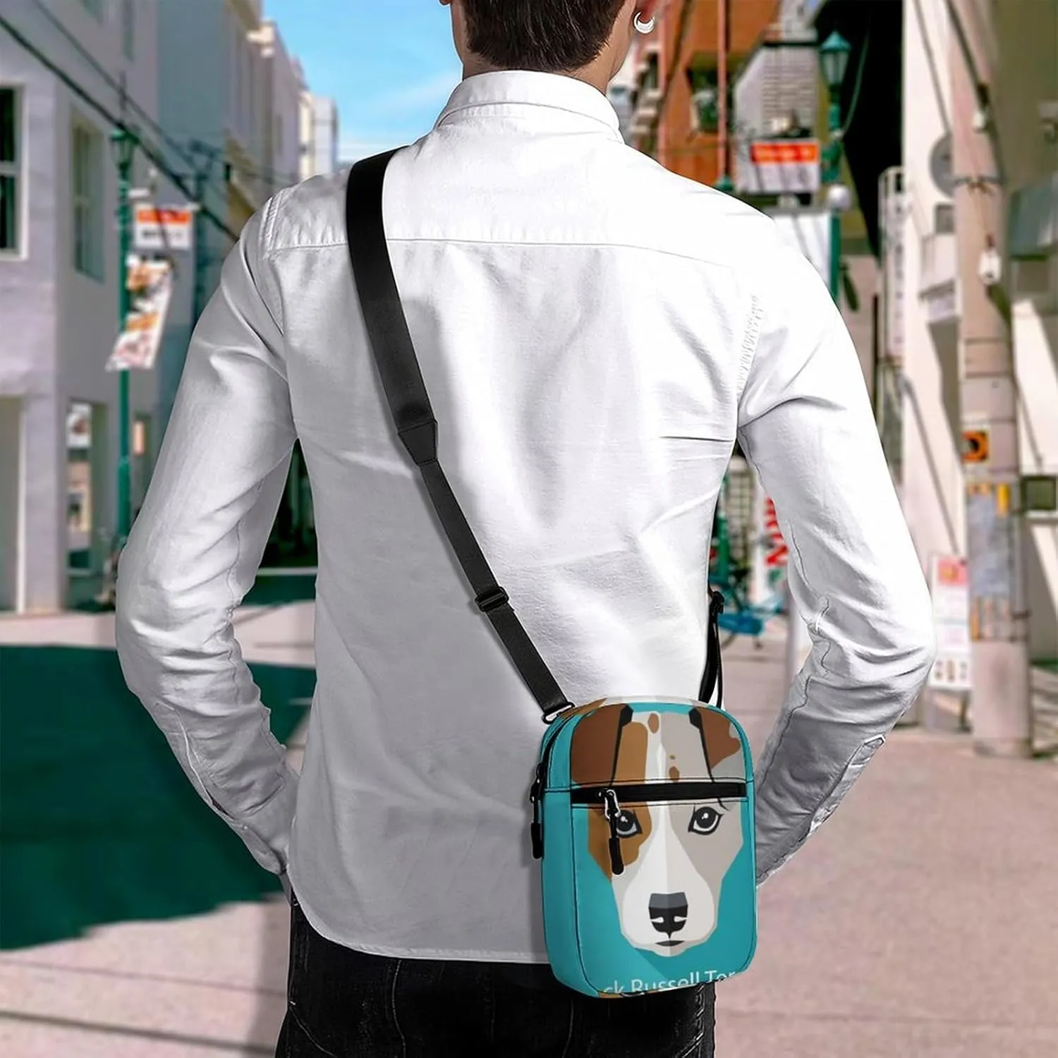 Jack Russell Terrier Dog On Turquoise Adjustable Fanny Waist Pack Pouch, Waterproof Crossbody Runners Bag Wallet for Gym Hiking Fitness Women Men 6.1 x 2.2 x 7.9 inch