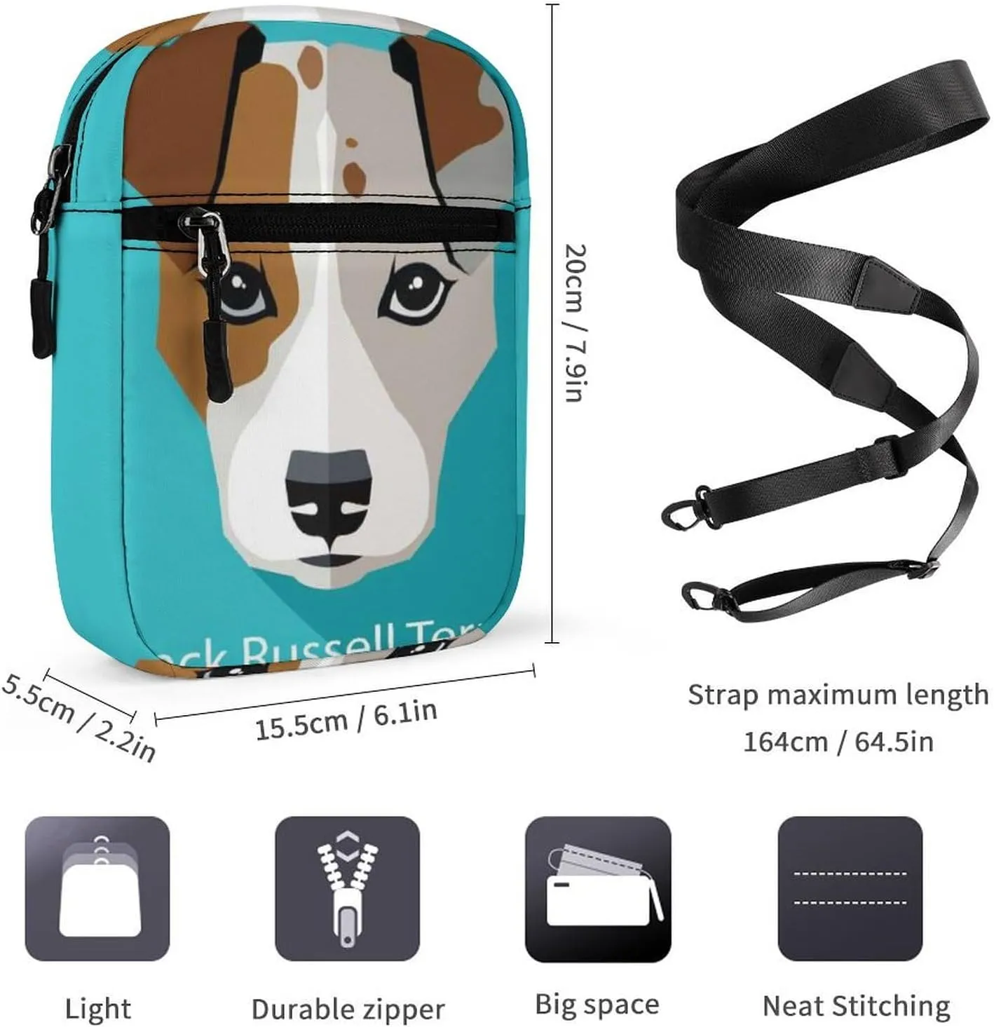 Jack Russell Terrier Dog On Turquoise Adjustable Fanny Waist Pack Pouch, Waterproof Crossbody Runners Bag Wallet for Gym Hiking Fitness Women Men 6.1 x 2.2 x 7.9 inch