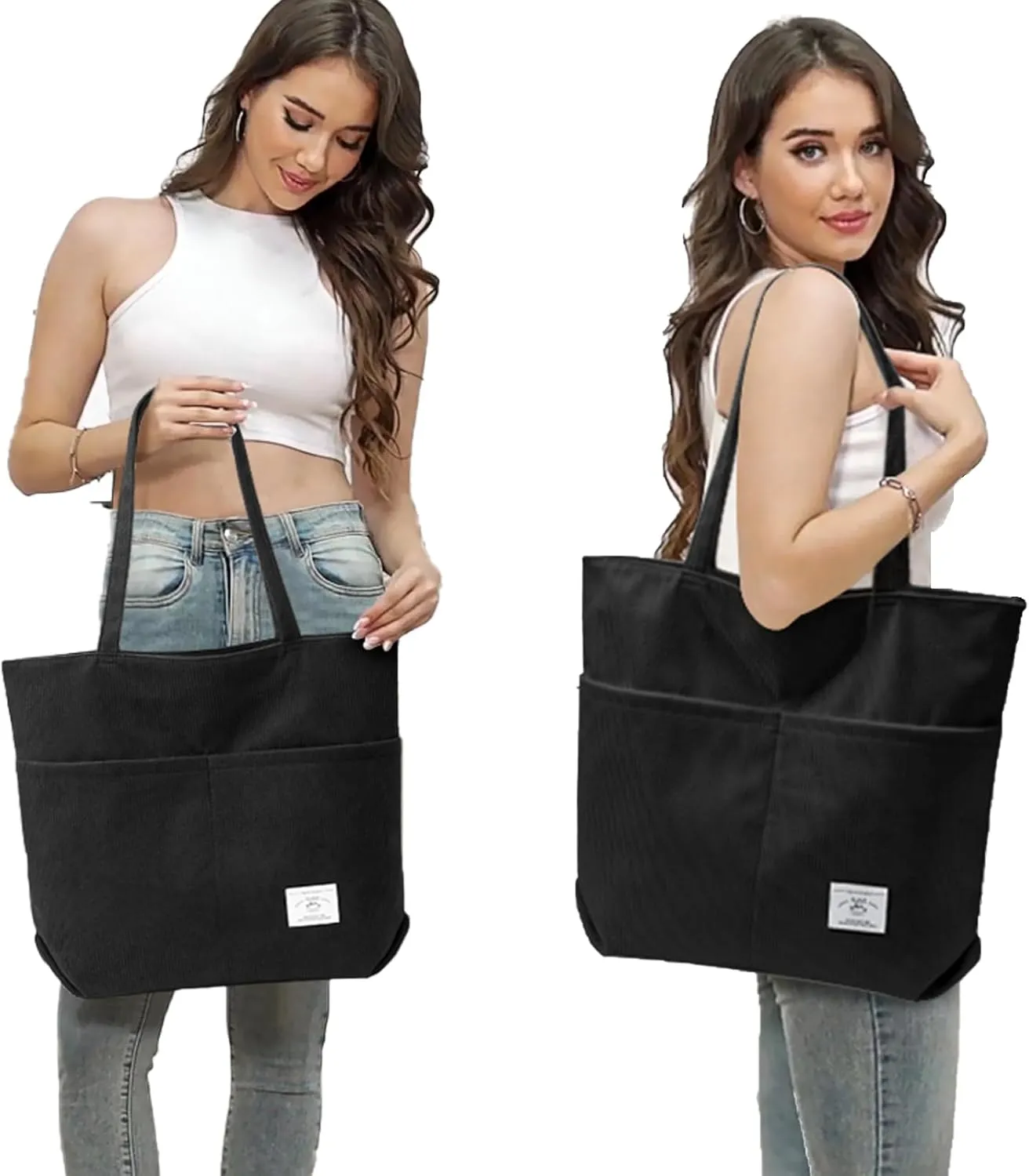 KALIDI Women Corduroy Tote Bag Zipper Casual Tote's Handbag Big Capacity Shoulder Bag with Pockets