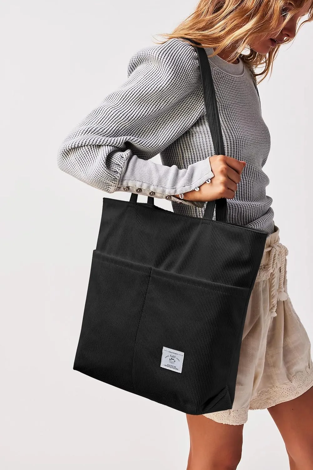 KALIDI Women Corduroy Tote Bag Zipper Casual Tote's Handbag Big Capacity Shoulder Bag with Pockets