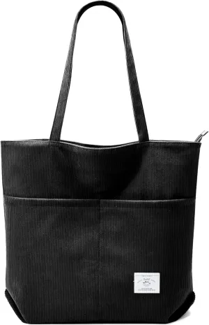 KALIDI Women Corduroy Tote Bag Zipper Casual Tote's Handbag Big Capacity Shoulder Bag with Pockets