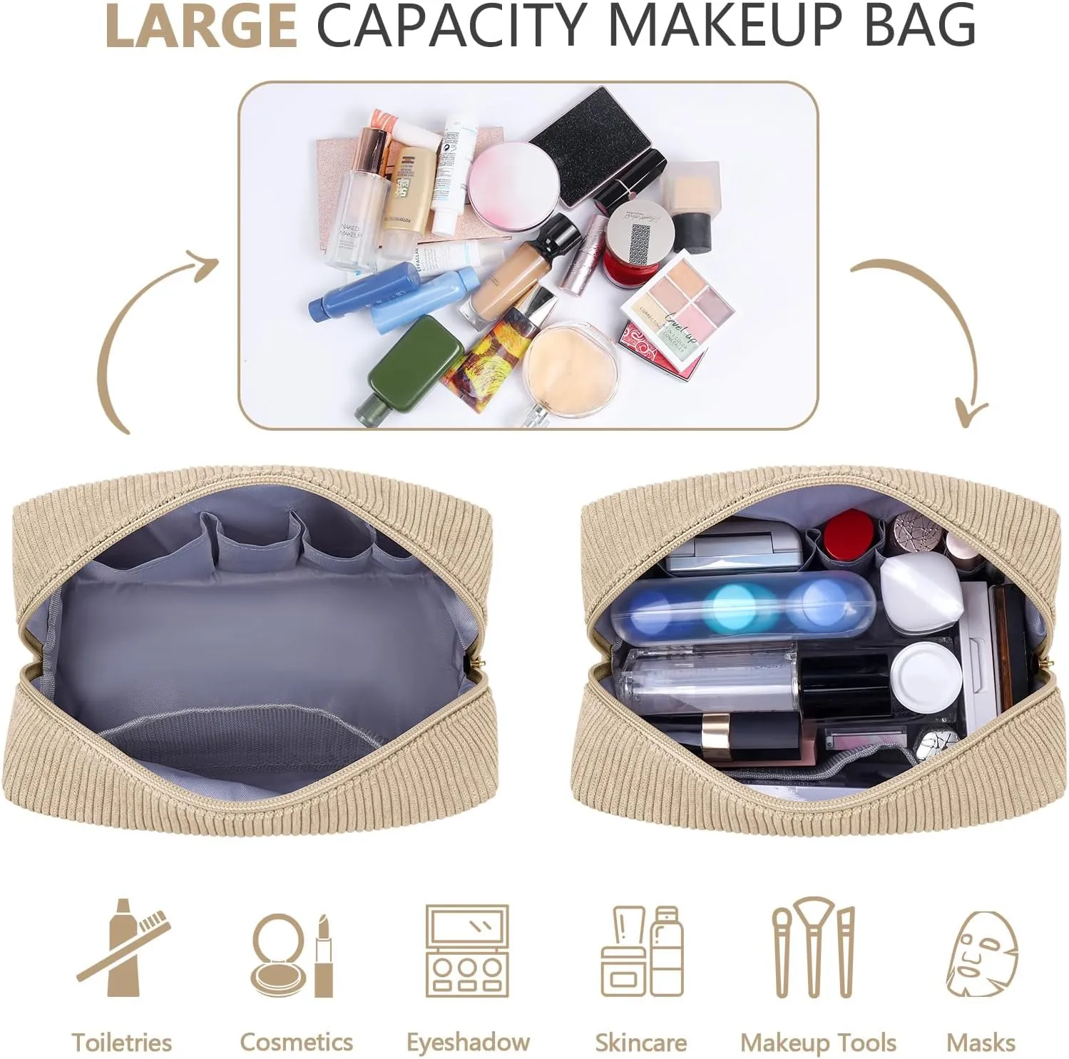 MAGEFY Corduroy Makeup Bag Small Makeup Bag for Purse with Compartments Cute Makeup Pouch Cosmetic Bag for Women Friends Preppy Gifts (Beige, STUFF)