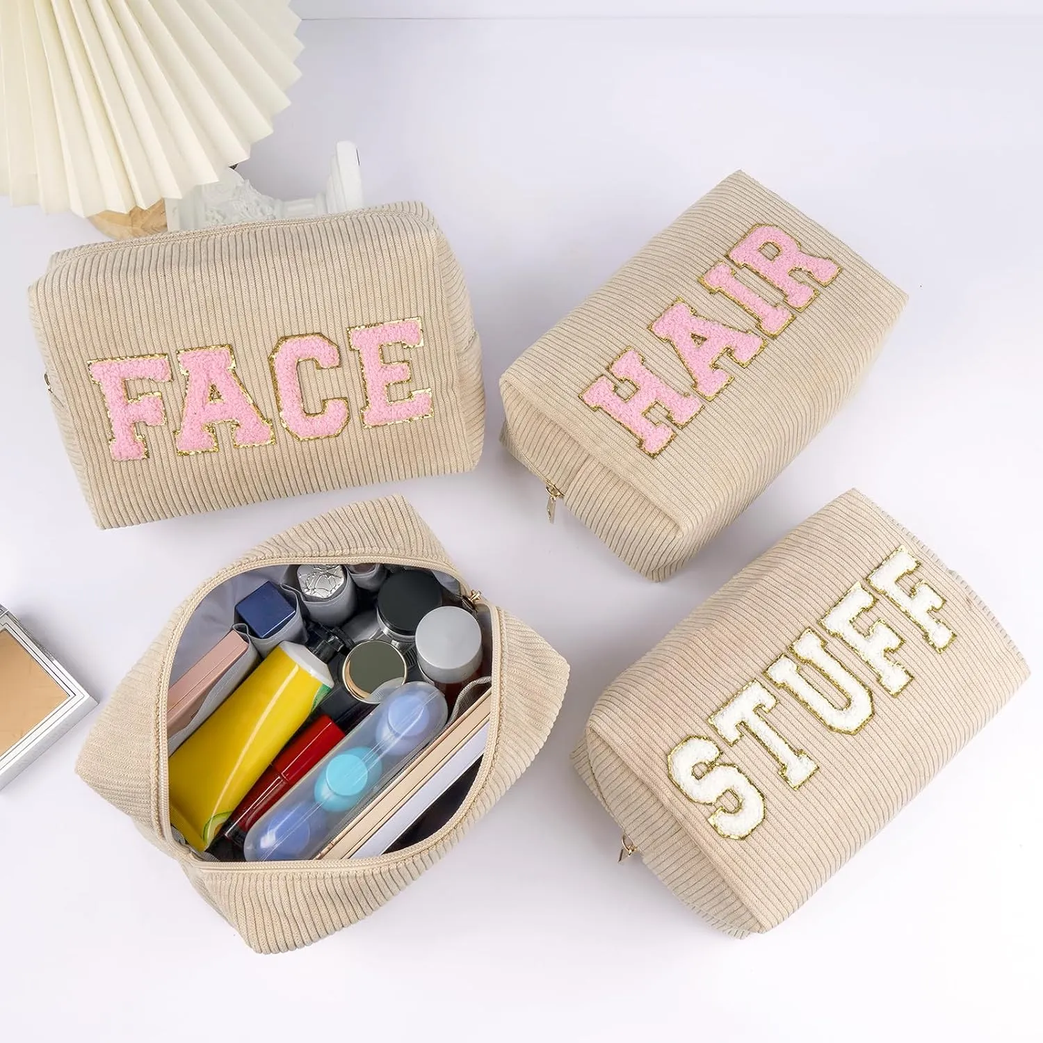 MAGEFY Corduroy Makeup Bag Small Makeup Bag for Purse with Compartments Cute Makeup Pouch Cosmetic Bag for Women Friends Preppy Gifts (Beige, STUFF)