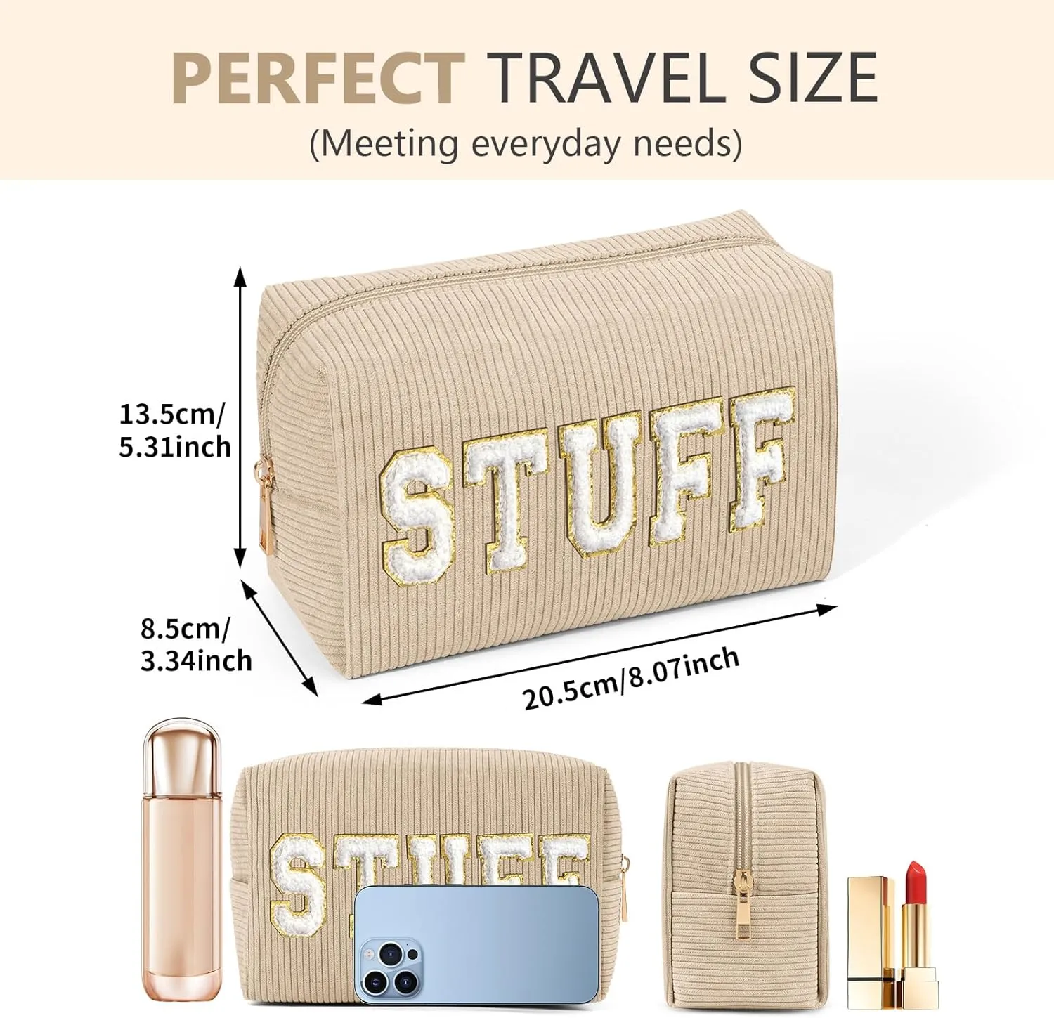 MAGEFY Corduroy Makeup Bag Small Makeup Bag for Purse with Compartments Cute Makeup Pouch Cosmetic Bag for Women Friends Preppy Gifts (Beige, STUFF)