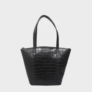 'MELANIE' Black Croc Real Leather Unlined Bucket Bag