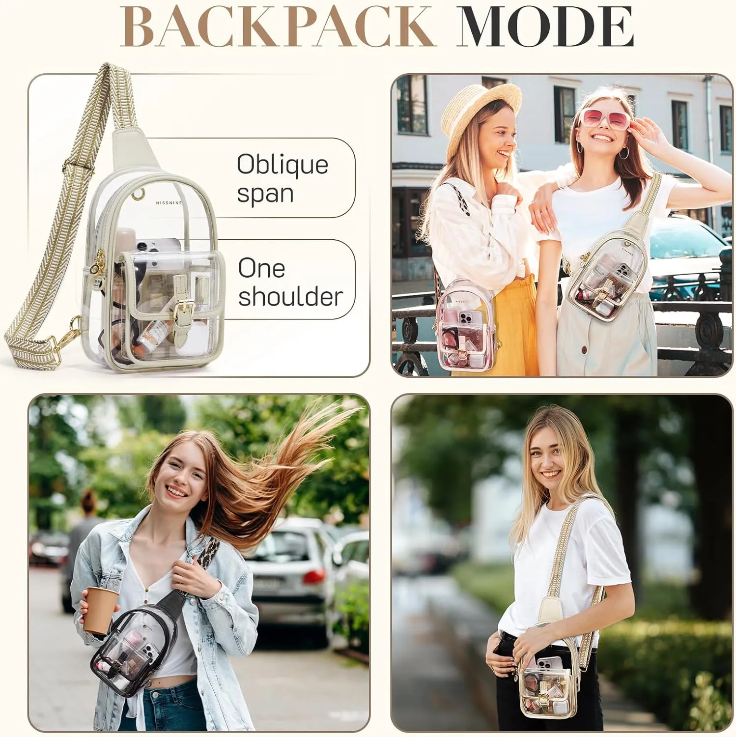 Missnine Clear Bag for Stadium Events Clear Sling Bag Fanny Pack Crossbody Purse for Sport Concert with Side Mesh Pocket