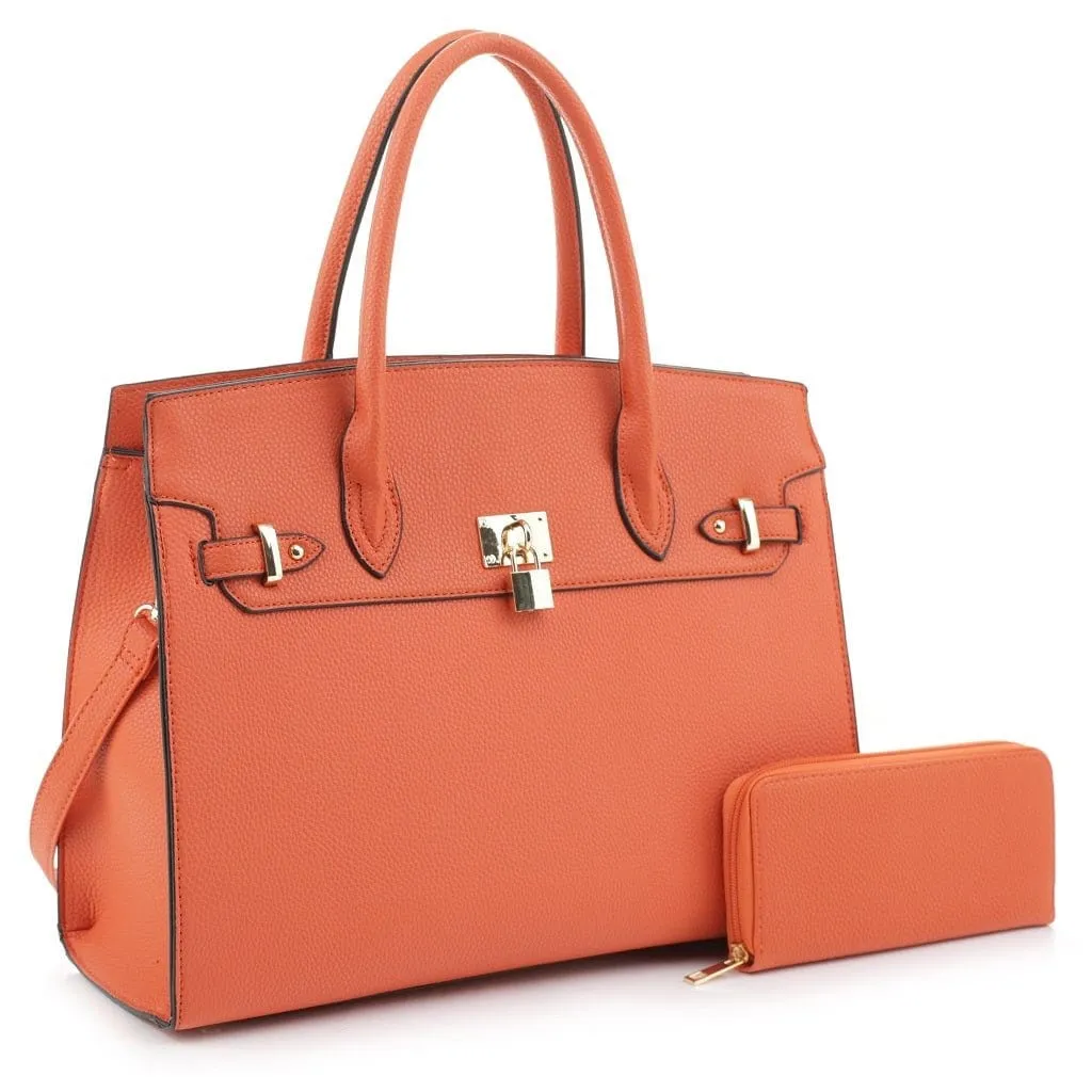 MS1309DS Structured Lock Charm Handbag w/ Matching Wallet