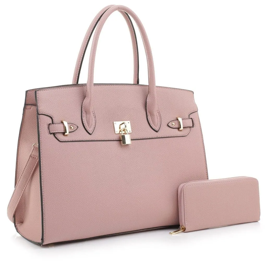 MS1309DS Structured Lock Charm Handbag w/ Matching Wallet