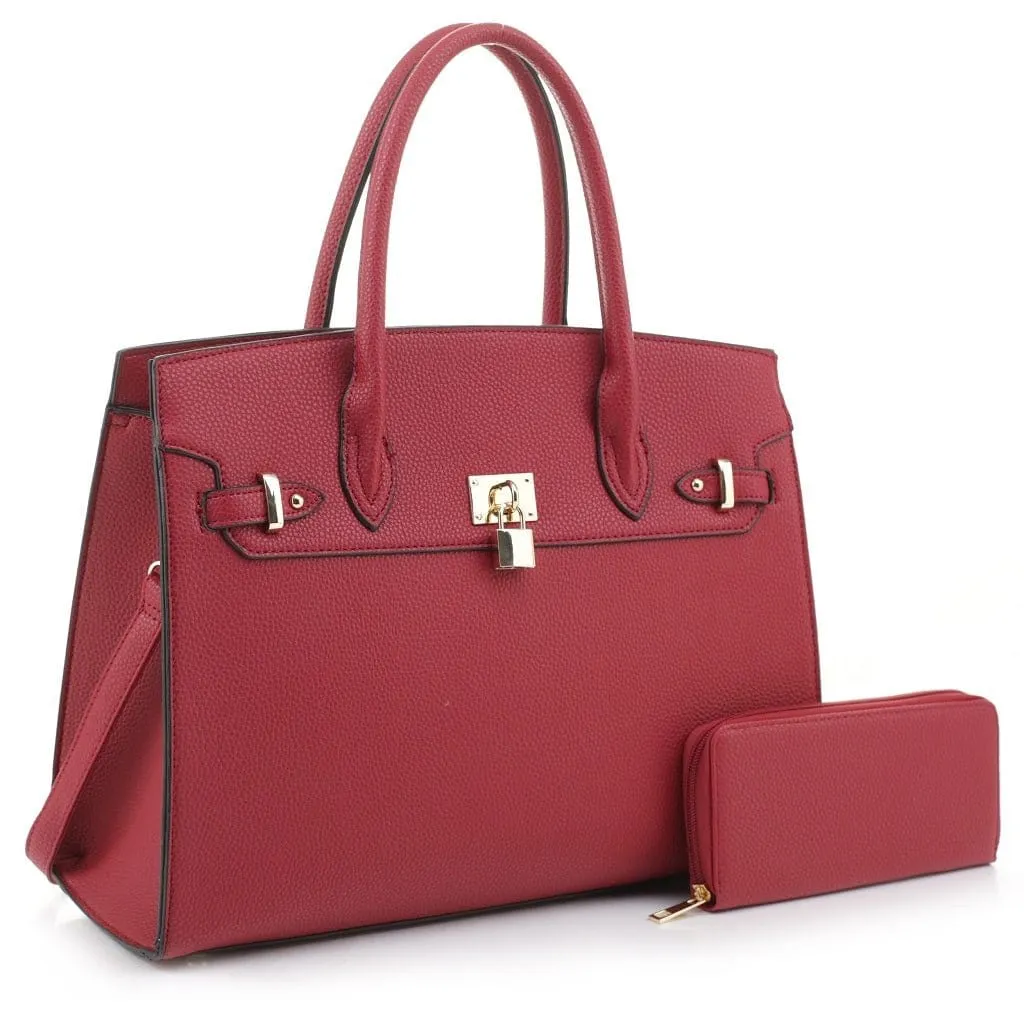 MS1309DS Structured Lock Charm Handbag w/ Matching Wallet