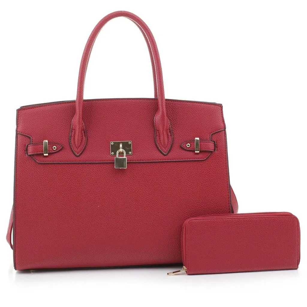 MS1309DS Structured Lock Charm Handbag w/ Matching Wallet