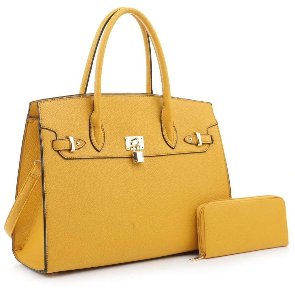 MS1309DS Structured Lock Charm Handbag w/ Matching Wallet