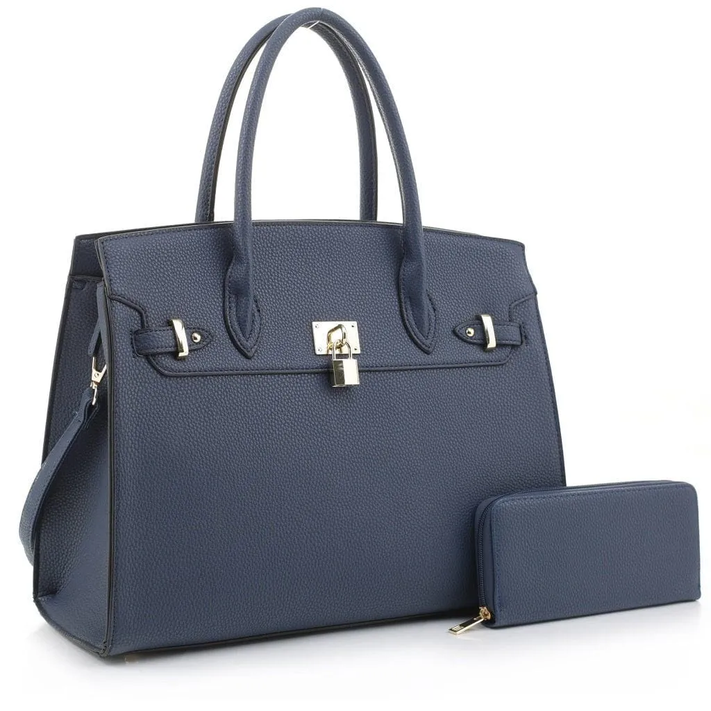 MS1309DS Structured Lock Charm Handbag w/ Matching Wallet