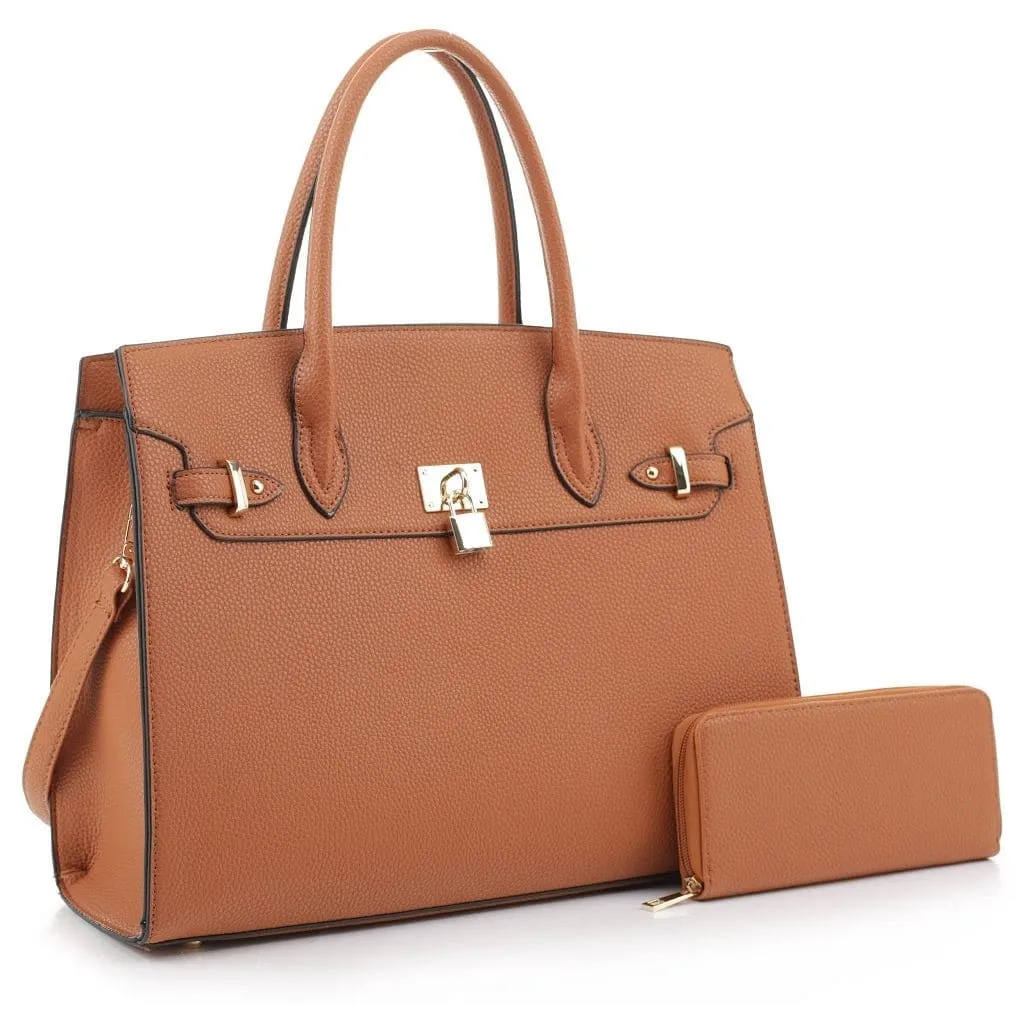 MS1309DS Structured Lock Charm Handbag w/ Matching Wallet