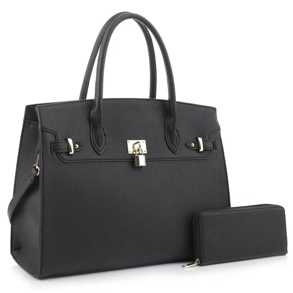 MS1309DS Structured Lock Charm Handbag w/ Matching Wallet