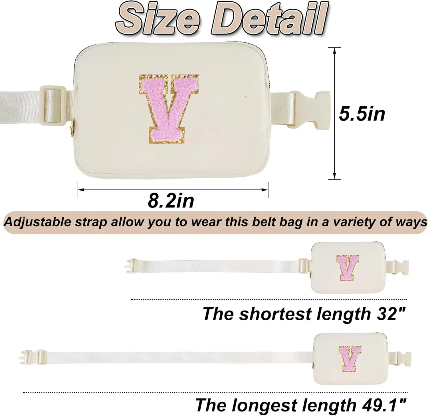 Personalized Belt Bag for Women Girls - Fashion Mini Waist Packs with Adjustable Strap - Trendy Travel Fanny Pack Crossbody Bags with Initial Letter - Teen Gifts | Cream,V