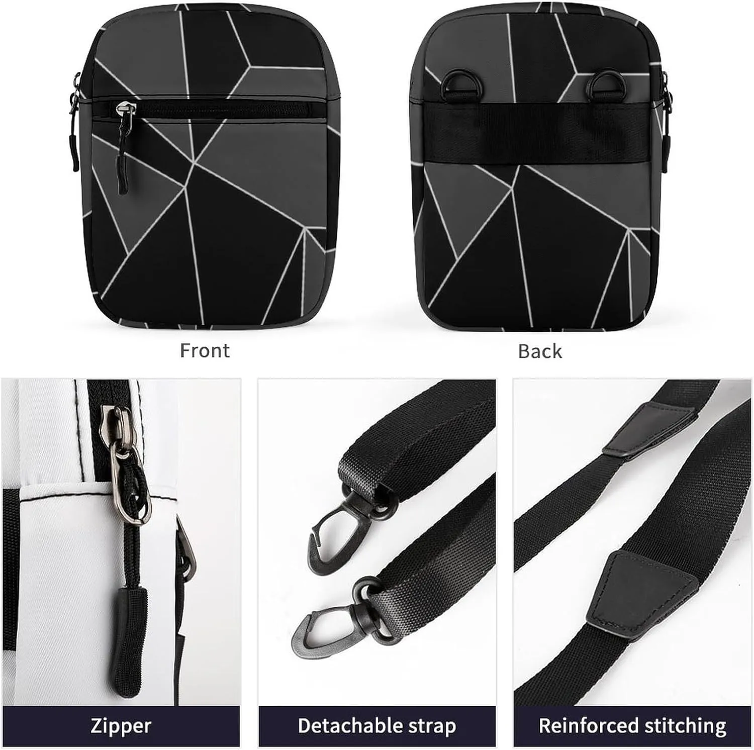 Seamless Emerald Geometric Black Dark Grey Crystal Polygonal Adjustable Fanny Waist Pack Pouch, Waterproof Crossbody Runners Bag Wallet for Gym Hiking Fitness Women Men 6.1 x 2.2 x 7.9 inch