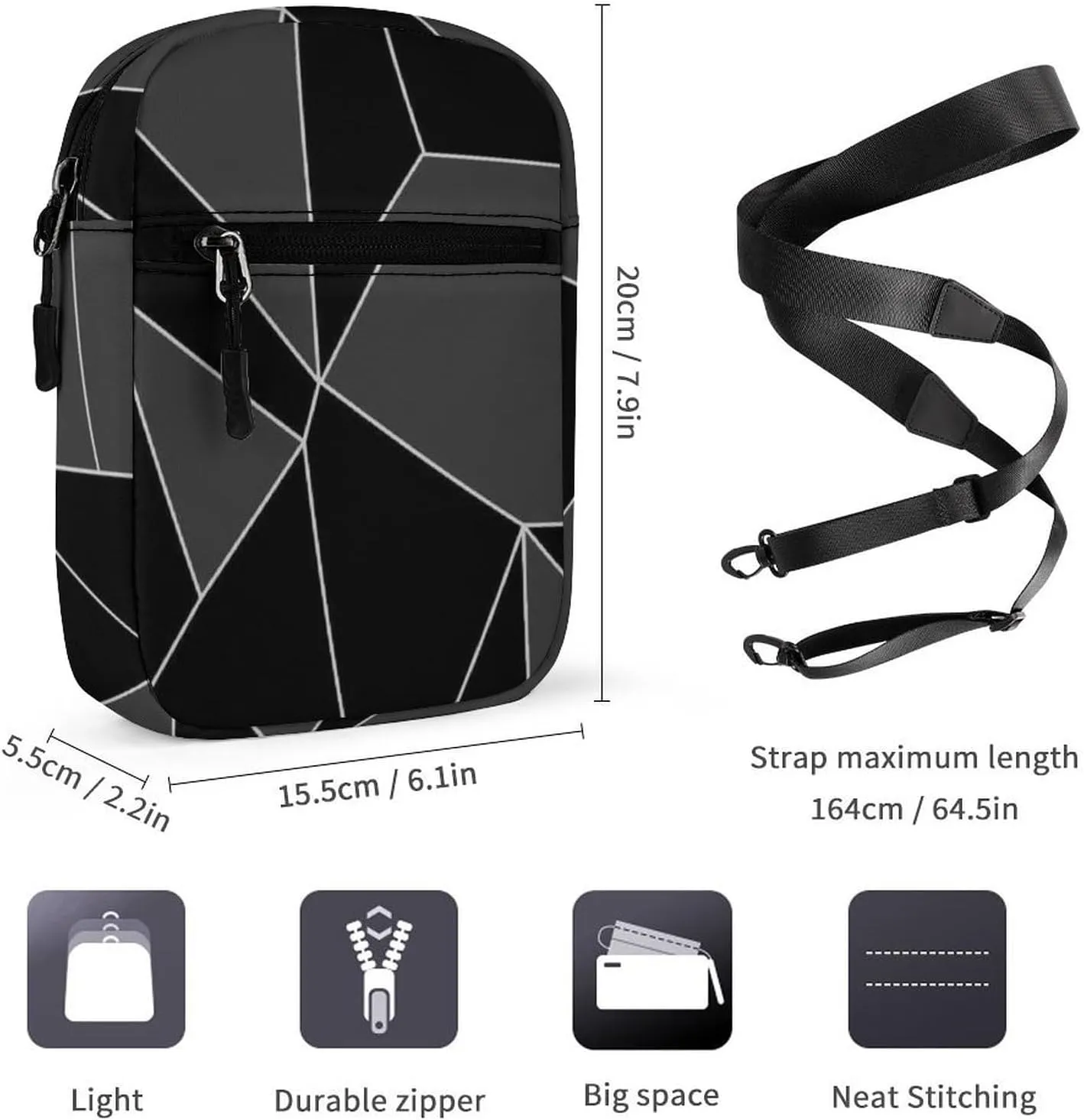 Seamless Emerald Geometric Black Dark Grey Crystal Polygonal Adjustable Fanny Waist Pack Pouch, Waterproof Crossbody Runners Bag Wallet for Gym Hiking Fitness Women Men 6.1 x 2.2 x 7.9 inch