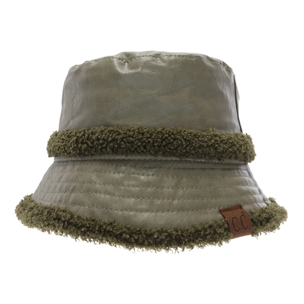Soft Faux Leather Shearling C.C Bucket Hat Olive