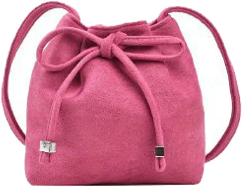 Stylish Bow Bucket Bag Shoulder Handbag Crossbody Bag with Drawstring Pleated Suede Mini Satchel Purse for Women Girls