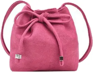 Stylish Bow Bucket Bag Shoulder Handbag Crossbody Bag with Drawstring Pleated Suede Mini Satchel Purse for Women Girls