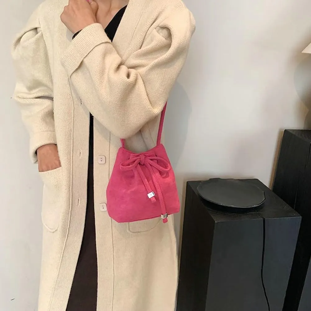Stylish Bow Bucket Bag Shoulder Handbag Crossbody Bag with Drawstring Pleated Suede Mini Satchel Purse for Women Girls