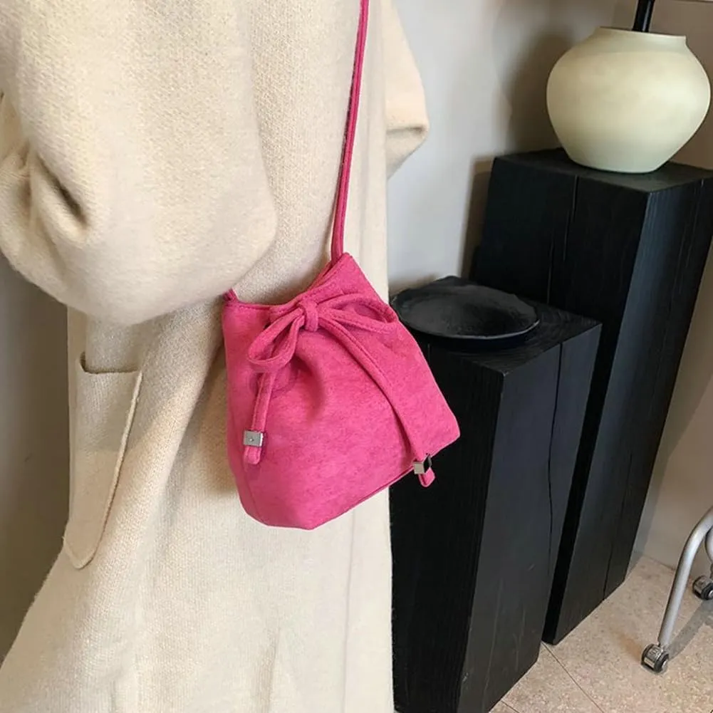 Stylish Bow Bucket Bag Shoulder Handbag Crossbody Bag with Drawstring Pleated Suede Mini Satchel Purse for Women Girls