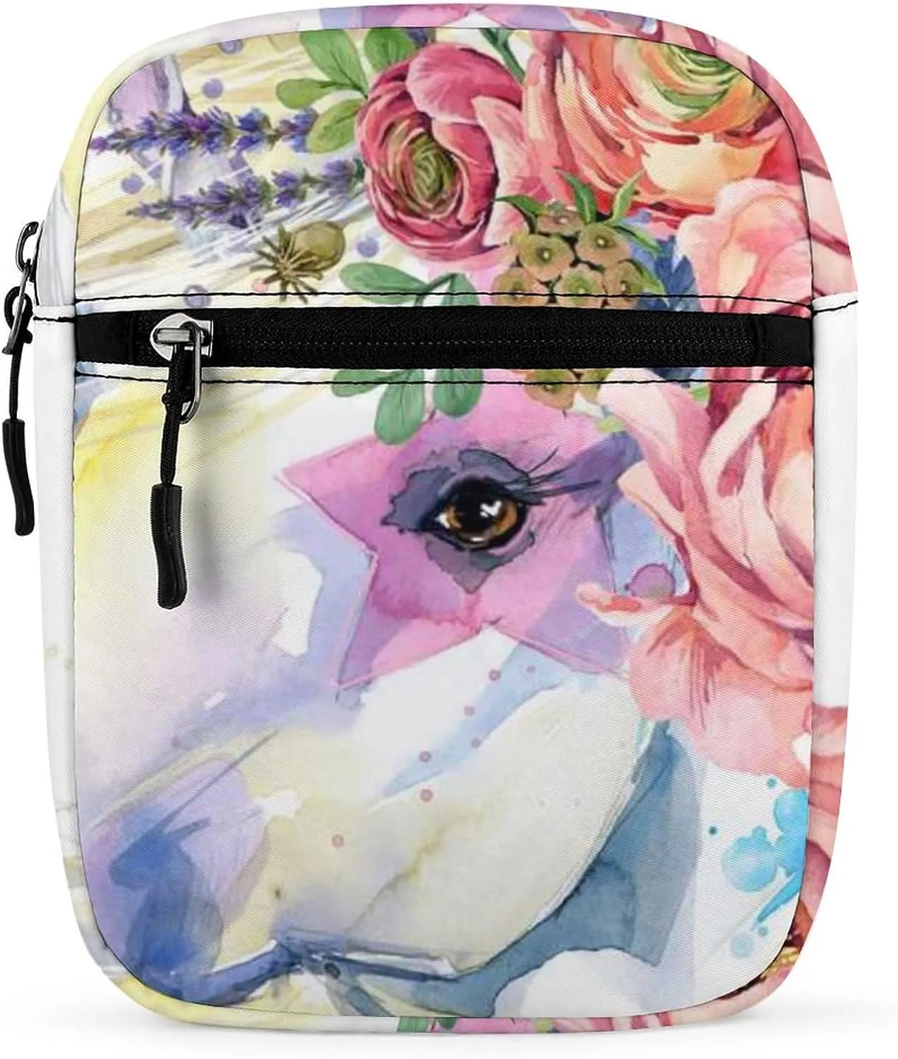 Unicorn White Horse With Red Flowers Green Leaves Adjustable Fanny Waist Pack Pouch, Waterproof Crossbody Runners Bag Wallet for Gym Hiking Fitness Women Men 6.1 x 2.2 x 7.9 inch