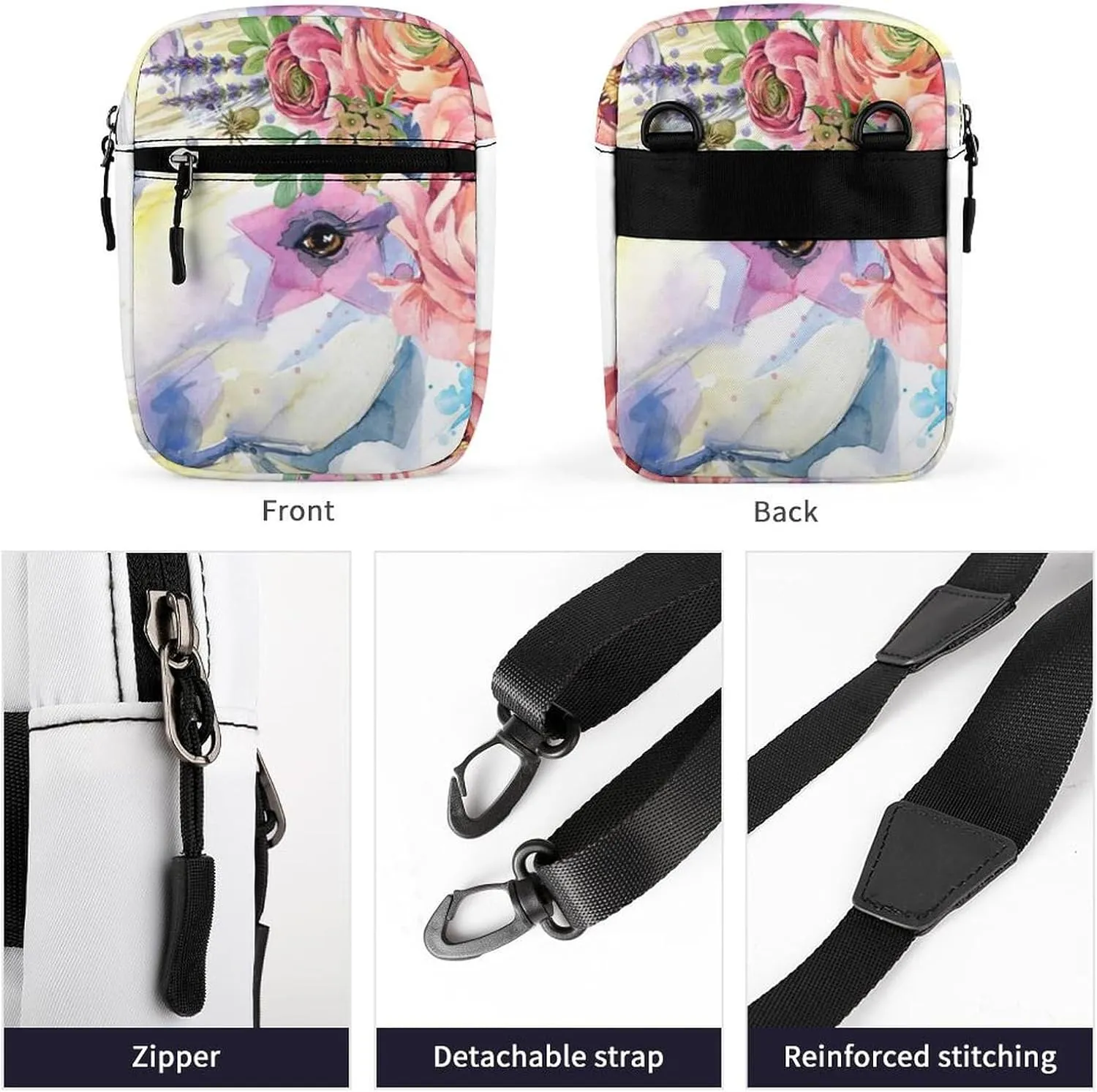 Unicorn White Horse With Red Flowers Green Leaves Adjustable Fanny Waist Pack Pouch, Waterproof Crossbody Runners Bag Wallet for Gym Hiking Fitness Women Men 6.1 x 2.2 x 7.9 inch