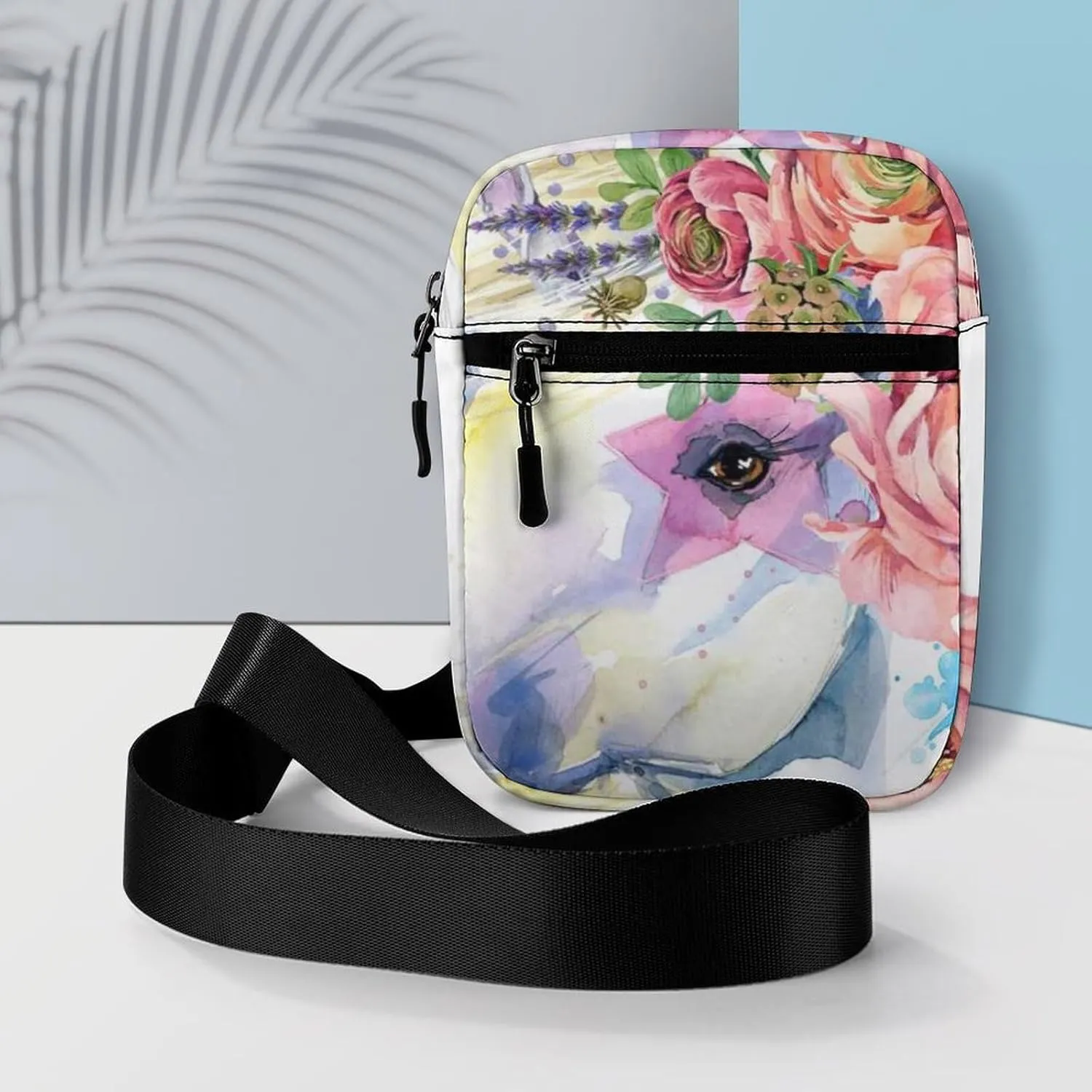 Unicorn White Horse With Red Flowers Green Leaves Adjustable Fanny Waist Pack Pouch, Waterproof Crossbody Runners Bag Wallet for Gym Hiking Fitness Women Men 6.1 x 2.2 x 7.9 inch