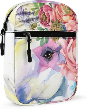 Unicorn White Horse With Red Flowers Green Leaves Adjustable Fanny Waist Pack Pouch, Waterproof Crossbody Runners Bag Wallet for Gym Hiking Fitness Women Men 6.1 x 2.2 x 7.9 inch