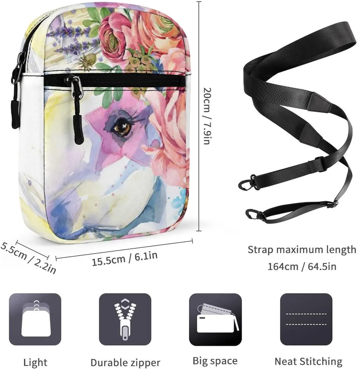 Unicorn White Horse With Red Flowers Green Leaves Adjustable Fanny Waist Pack Pouch, Waterproof Crossbody Runners Bag Wallet for Gym Hiking Fitness Women Men 6.1 x 2.2 x 7.9 inch