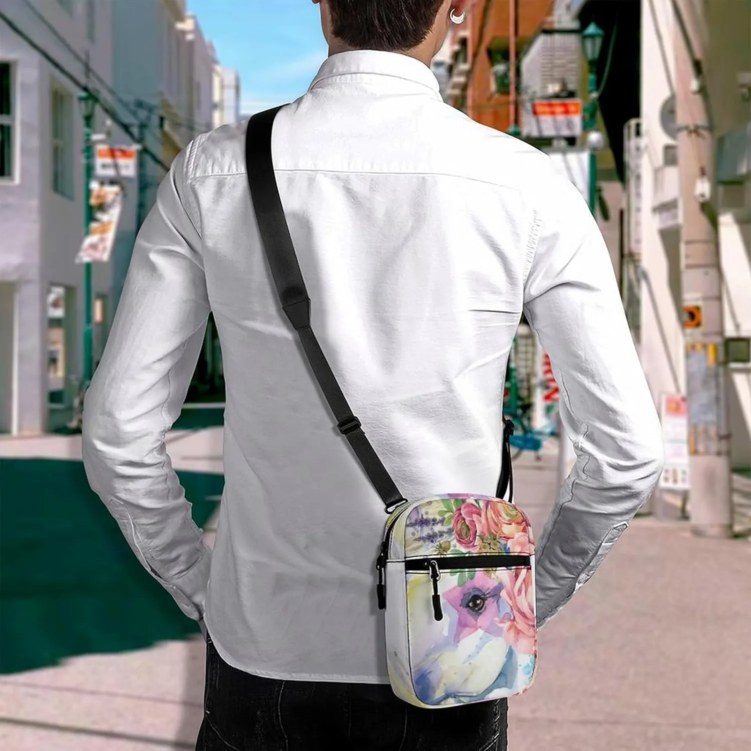 Unicorn White Horse With Red Flowers Green Leaves Adjustable Fanny Waist Pack Pouch, Waterproof Crossbody Runners Bag Wallet for Gym Hiking Fitness Women Men 6.1 x 2.2 x 7.9 inch