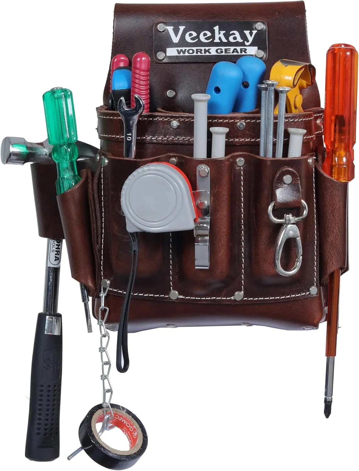 VEEKAY Electrician's Leather Tool Pouch  10 Pocket Full Grain Leather Organizer for Electricians, Carpenters & Construction Workers  Durable, Heavy-Duty Utility Pouch (Brown/Black)