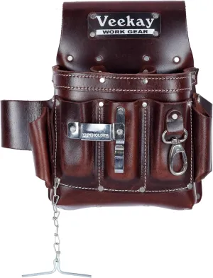 VEEKAY Electrician's Leather Tool Pouch  10 Pocket Full Grain Leather Organizer for Electricians, Carpenters & Construction Workers  Durable, Heavy-Duty Utility Pouch (Brown/Black)