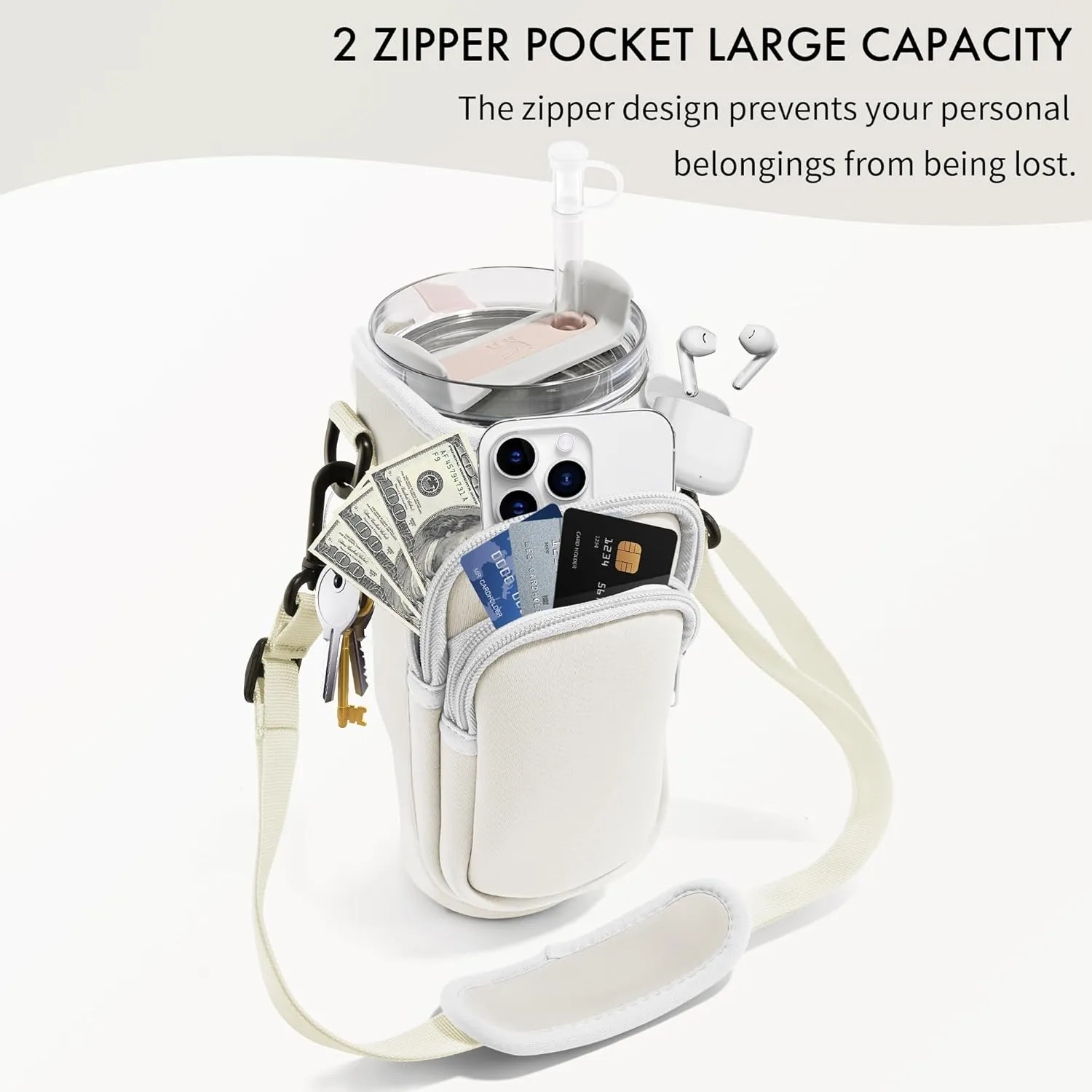 Water Bottle Carrier Bag with Phone Pocket for Stanley Cup 40/30 oz, Water Bottle Holder with Adjustable Strap& Straw Cover, Stanley Cup Accessories