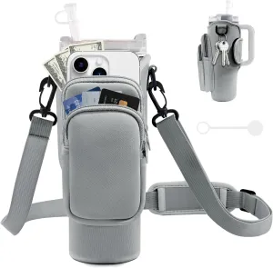 Water Bottle Carrier Bag with Phone Pocket for Stanley Cup 40/30 oz, Water Bottle Holder with Adjustable Strap& Straw Cover, Stanley Cup Accessories