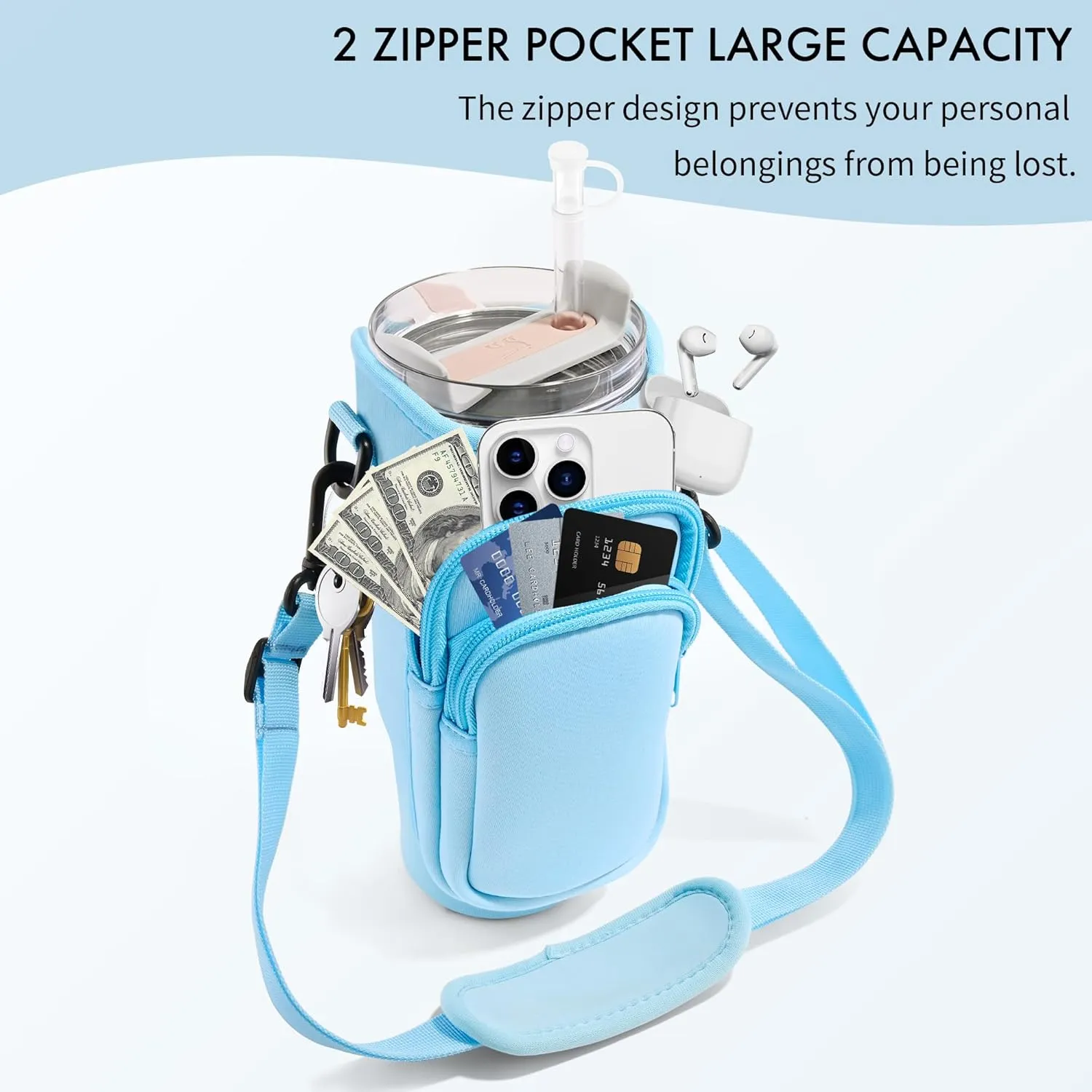 Water Bottle Carrier Bag with Phone Pocket for Stanley Cup 40/30 oz, Water Bottle Holder with Adjustable Strap& Straw Cover, Stanley Cup Accessories