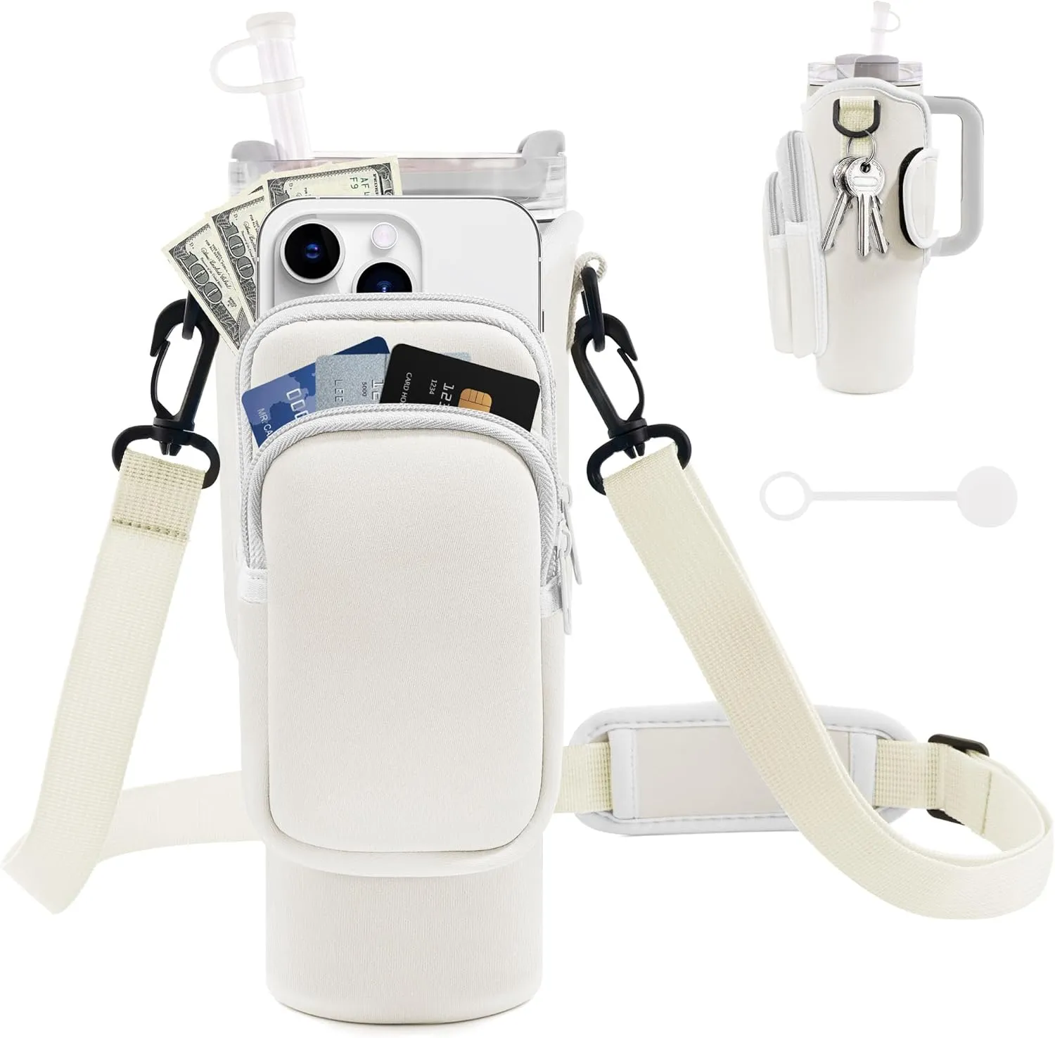 Water Bottle Carrier Bag with Phone Pocket for Stanley Cup 40/30 oz, Water Bottle Holder with Adjustable Strap& Straw Cover, Stanley Cup Accessories