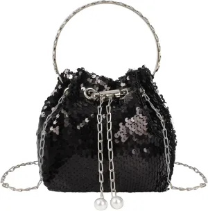 Women Drawstring Bucket Bag Bling Sequin Shoulder Clutch Purse Sparkly Tote Handbag for Evening Wedding Party Prom