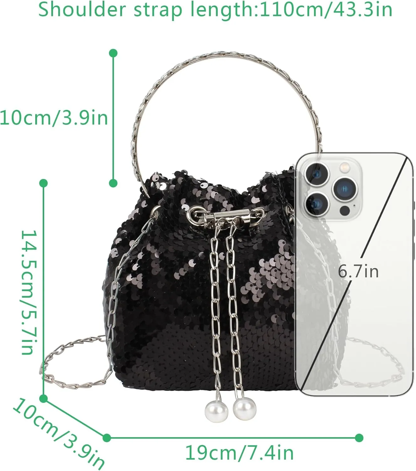 Women Drawstring Bucket Bag Bling Sequin Shoulder Clutch Purse Sparkly Tote Handbag for Evening Wedding Party Prom
