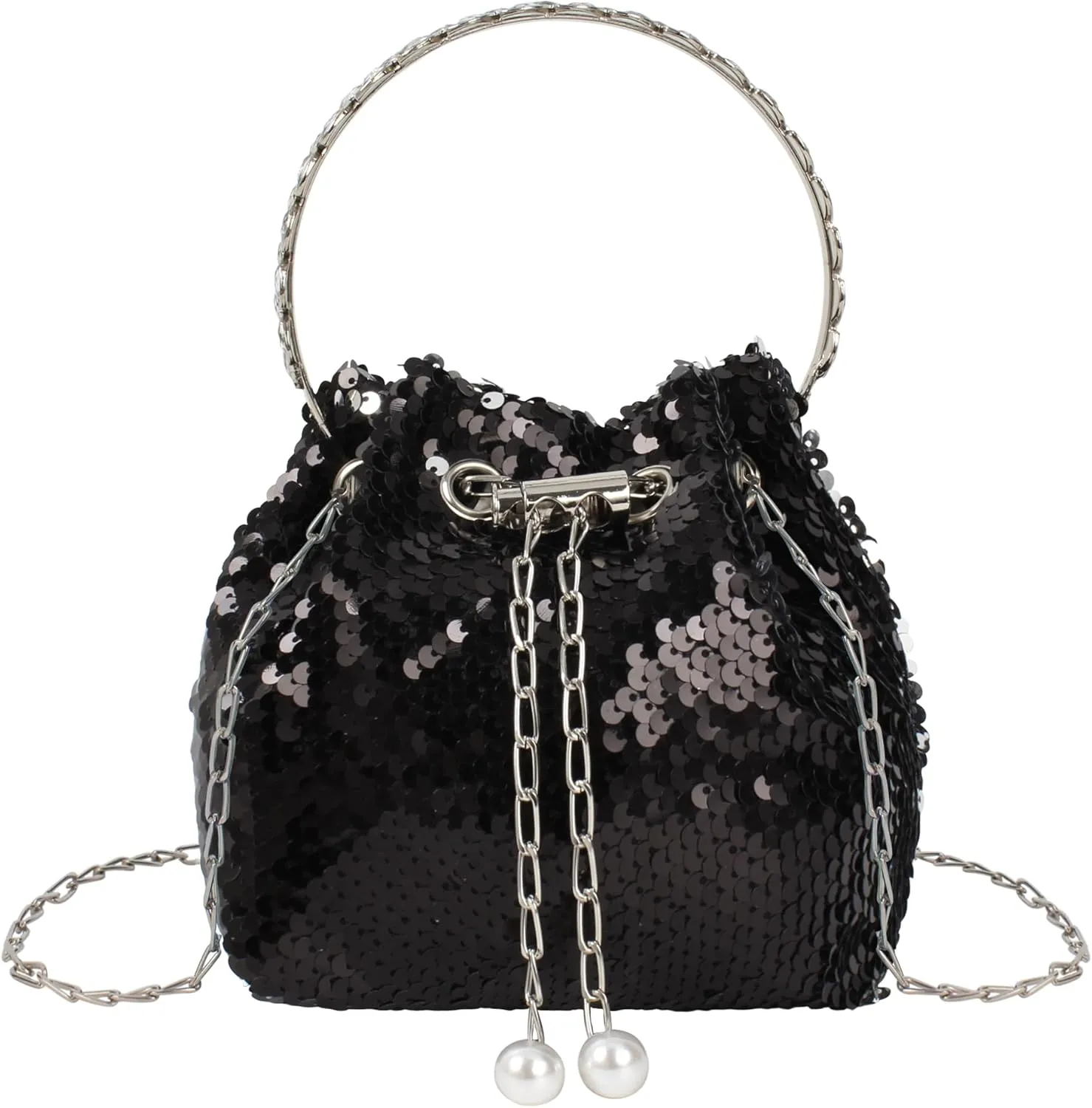 Women Drawstring Bucket Bag Bling Sequin Shoulder Clutch Purse Sparkly Tote Handbag for Evening Wedding Party Prom