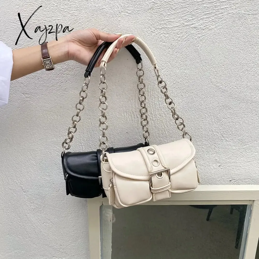 Xajzpa - Retro Women&#39;s Chain Small Shoulder Bag Solid Color PU Leather Ladies Underarm Bags Fashion Female Armpit Bag Tote Purse Handbags
