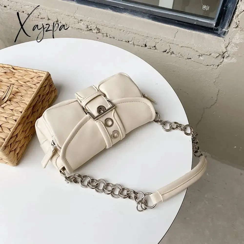 Xajzpa - Retro Women&#39;s Chain Small Shoulder Bag Solid Color PU Leather Ladies Underarm Bags Fashion Female Armpit Bag Tote Purse Handbags