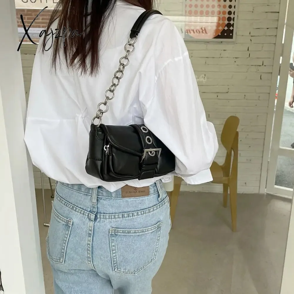 Xajzpa - Retro Women&#39;s Chain Small Shoulder Bag Solid Color PU Leather Ladies Underarm Bags Fashion Female Armpit Bag Tote Purse Handbags