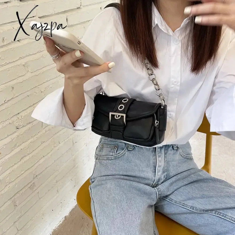 Xajzpa - Retro Women&#39;s Chain Small Shoulder Bag Solid Color PU Leather Ladies Underarm Bags Fashion Female Armpit Bag Tote Purse Handbags